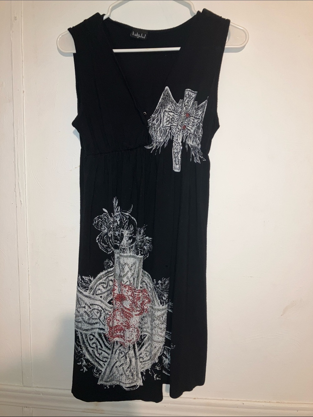Katydid Black Midi Dress with White and Red Graphic Crosses